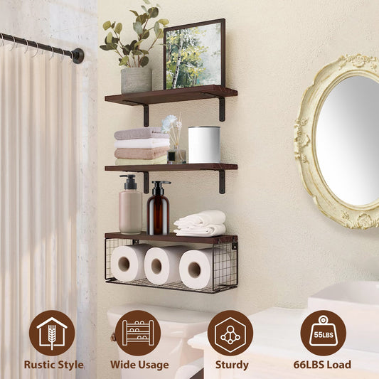 2 In 1 Floating Shelves Wall Mounted with Storage Basket – Bathroom, Bedroom, Kitchen & Office Wall